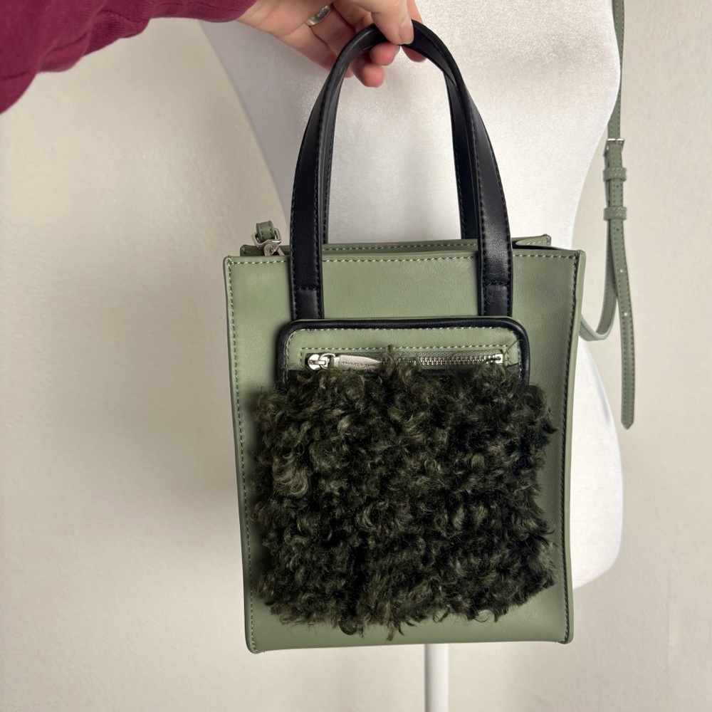Charles & Keith Olive Green Faux Fur Front Box Crossbody Bag